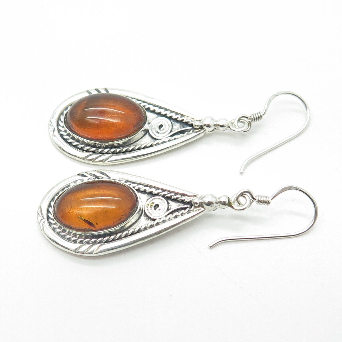 925 Sterling Silver Vintage Real Amber Ethnic Dangling Hook Earrings