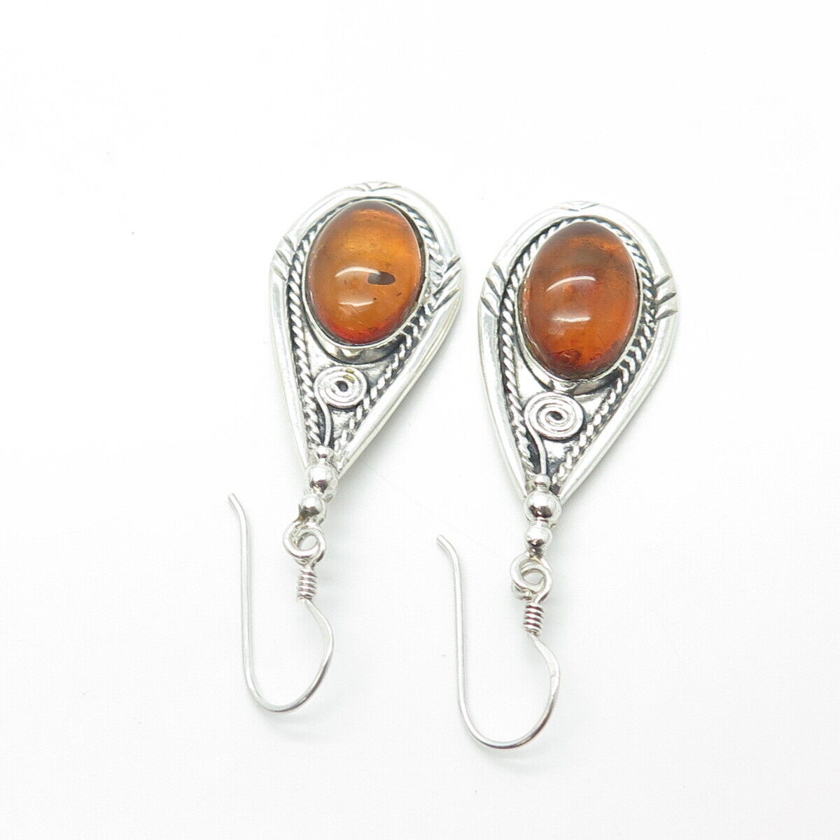 925 Sterling Silver Vintage Real Amber Ethnic Dangling Hook Earrings