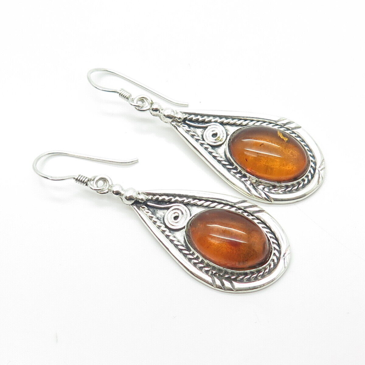 925 Sterling Silver Vintage Real Amber Ethnic Dangling Hook Earrings