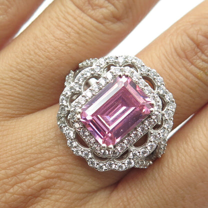 925 Sterling Silver White & Emerald-Cut Pink C Z Statement Ring Size 12