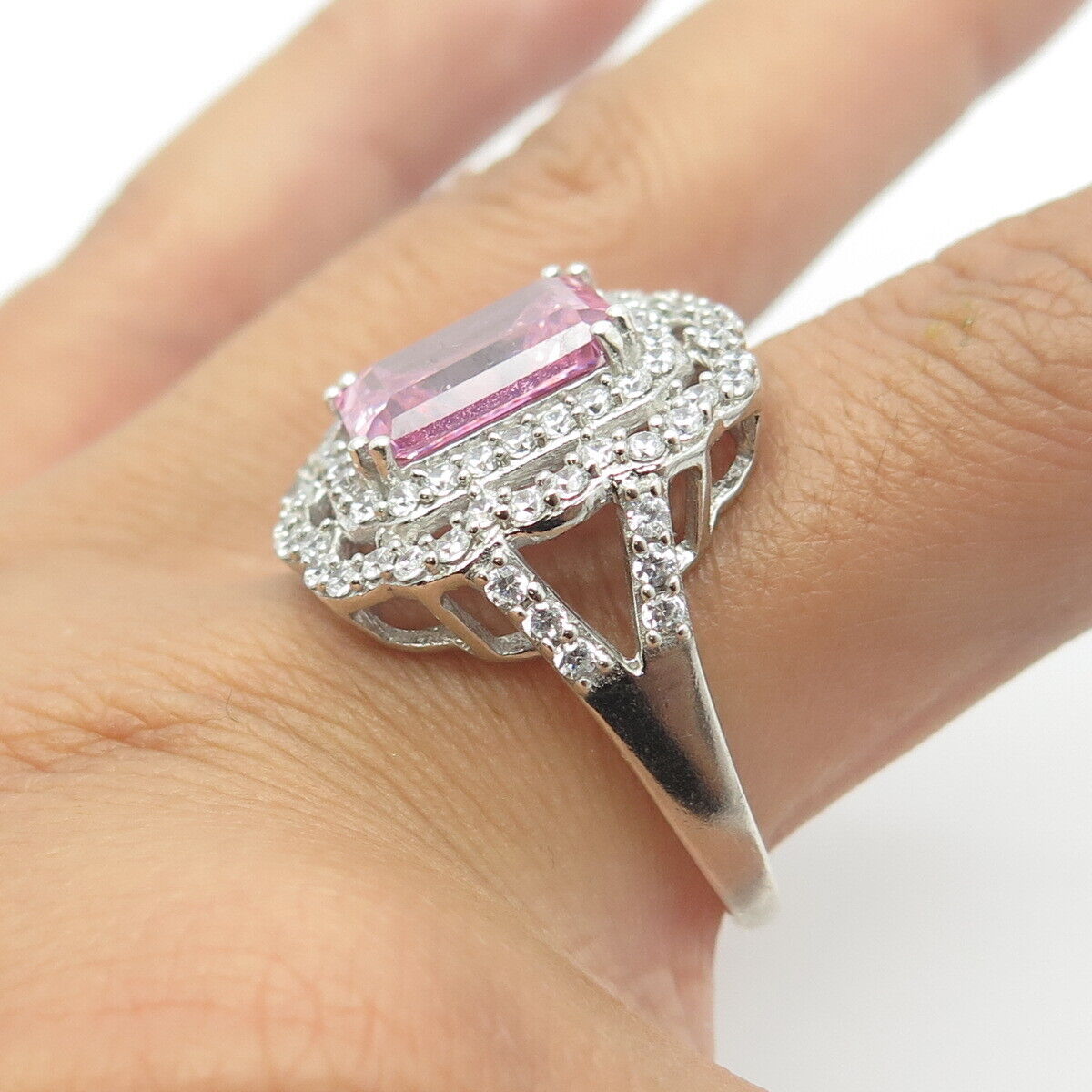 925 Sterling Silver White & Emerald-Cut Pink C Z Statement Ring Size 12