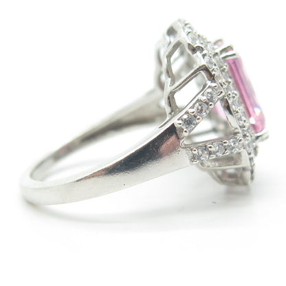 925 Sterling Silver White & Emerald-Cut Pink C Z Statement Ring Size 12