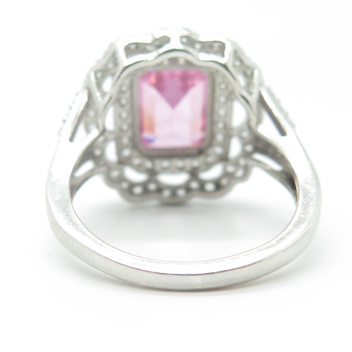 925 Sterling Silver White & Emerald-Cut Pink C Z Statement Ring Size 12