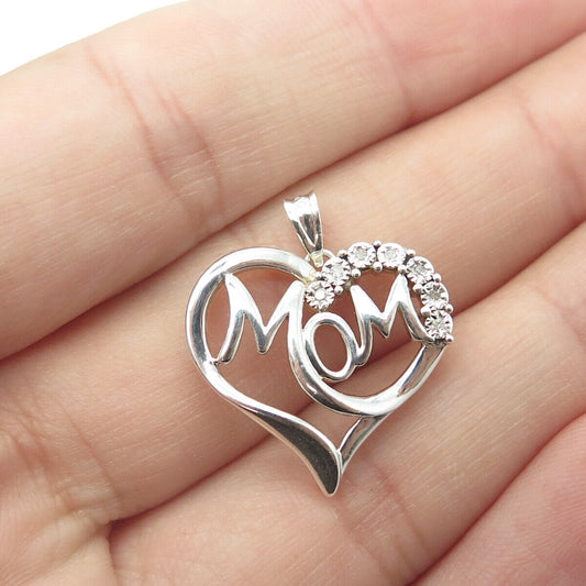 925 Sterling Silver Real Round-Cut White Diamond "MOM" Heart Pendant