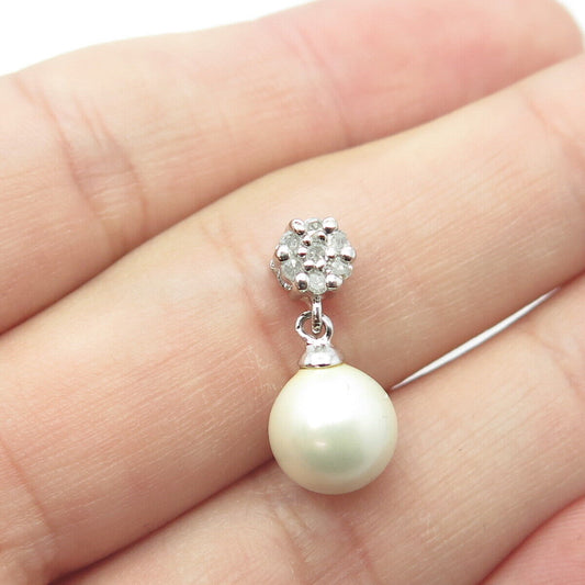 925 Sterling Silver Real Round-Cut White Diamond & Pearl Minimalist Pendant