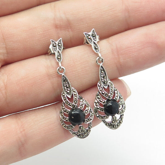 925 Sterling Silver Vintage Onyx & Marcasite Art-Deco-Style Chandelier Earrings