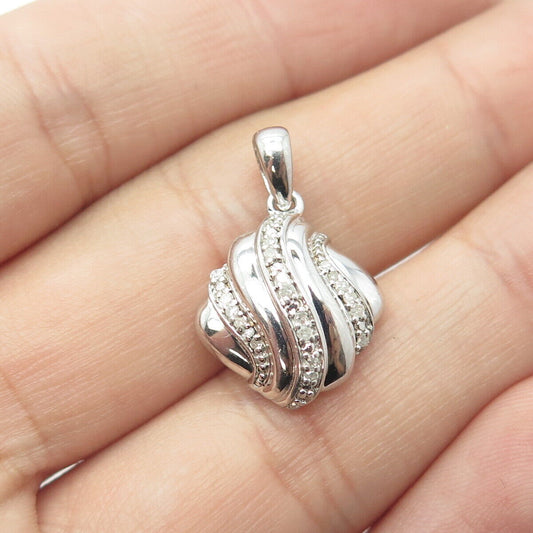 925 Sterling Silver Real Round-Cut White Diamond Wavy Shell Pendant