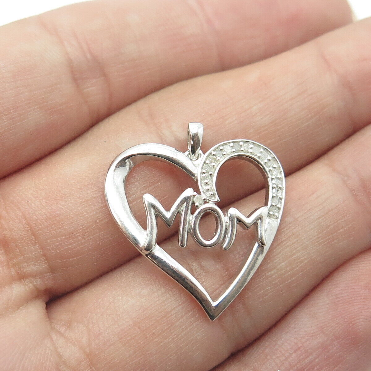 925 Sterling Silver Real Round-Cut White Diamond "MOM" Heart Pendant