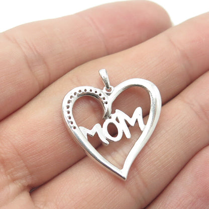 925 Sterling Silver Real Round-Cut White Diamond "MOM" Heart Pendant