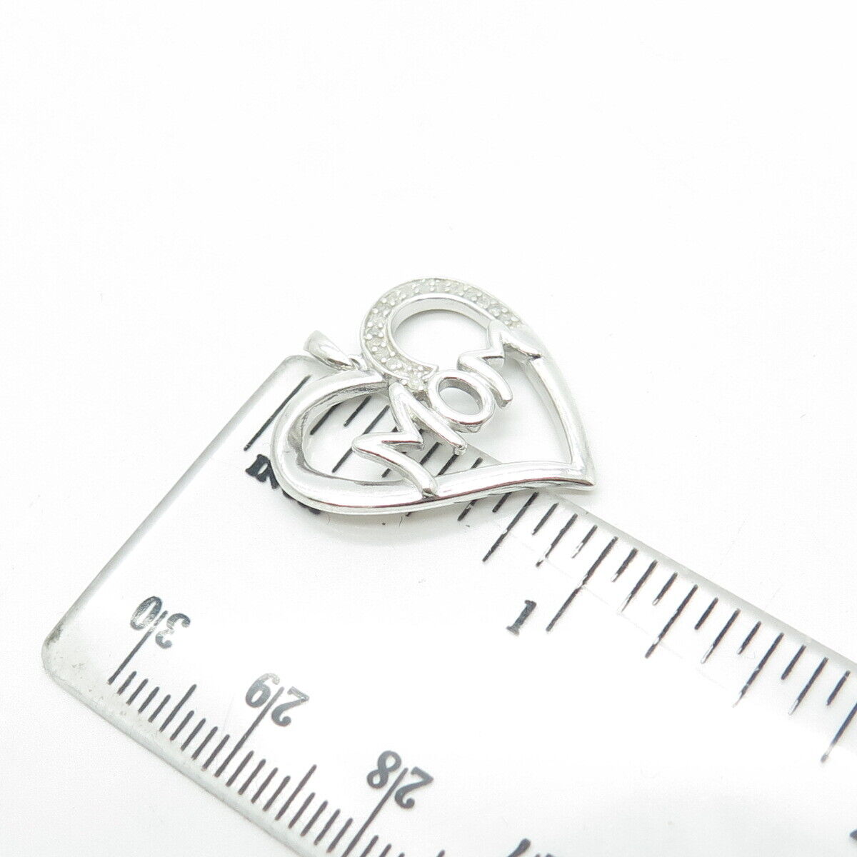 925 Sterling Silver Real Round-Cut White Diamond "MOM" Heart Pendant