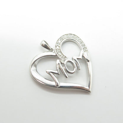 925 Sterling Silver Real Round-Cut White Diamond "MOM" Heart Pendant