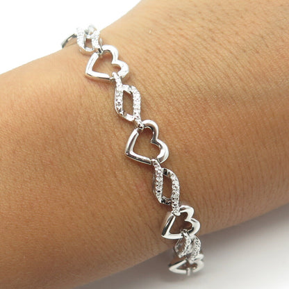 SUN 925 Sterling Silver Real Round-Cut White Diamond Heart Link Bracelet 7.25"