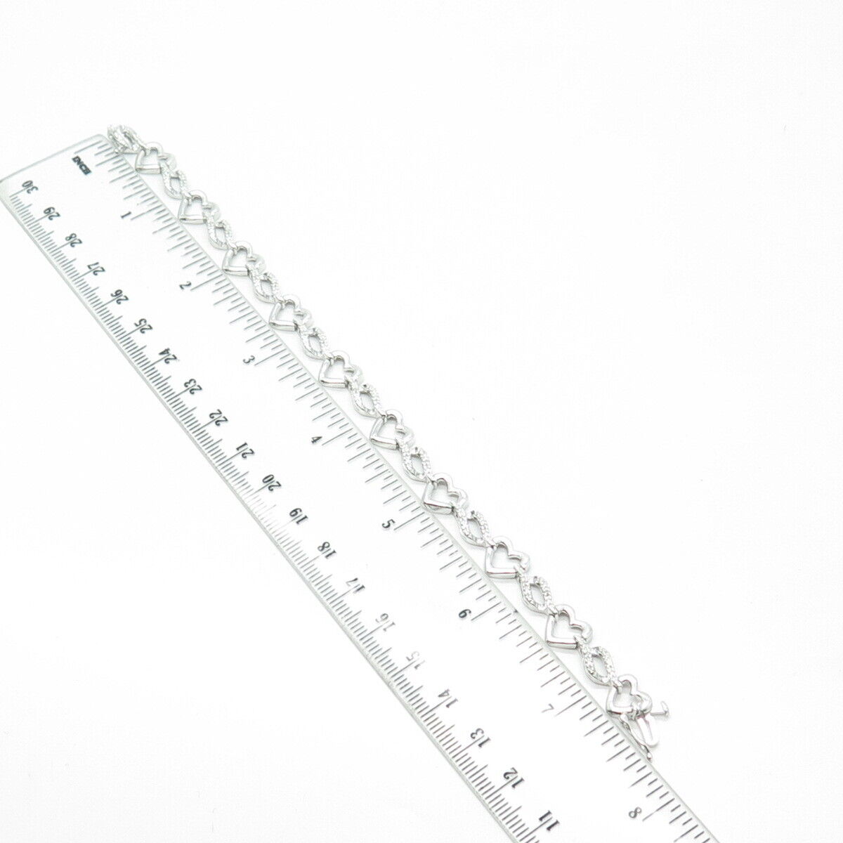 SUN 925 Sterling Silver Real Round-Cut White Diamond Heart Link Bracelet 7.25"