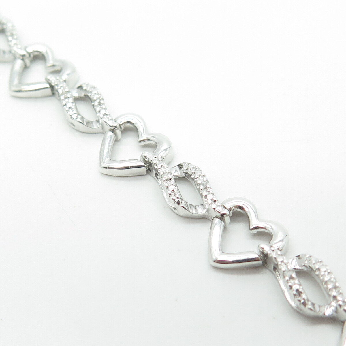 SUN 925 Sterling Silver Real Round-Cut White Diamond Heart Link Bracelet 7.25"