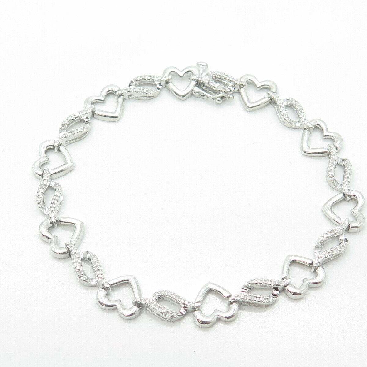 SUN 925 Sterling Silver Real Round-Cut White Diamond Heart Link Bracelet 7.25"