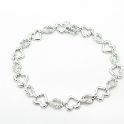 SUN 925 Sterling Silver Real Round-Cut White Diamond Heart Link Bracelet 7.25"