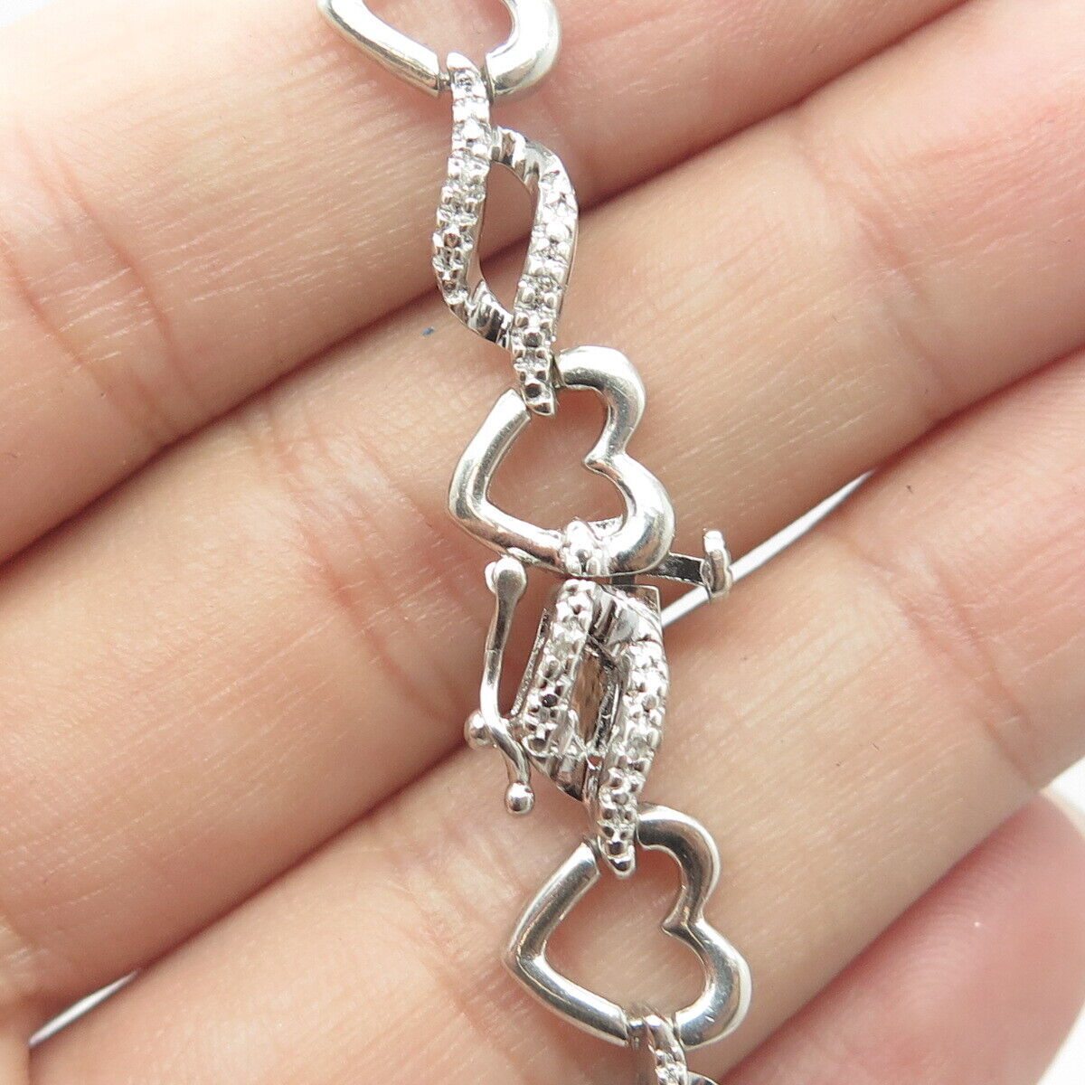 SUN 925 Sterling Silver Real Round-Cut White Diamond Heart Link Bracelet 7.25"