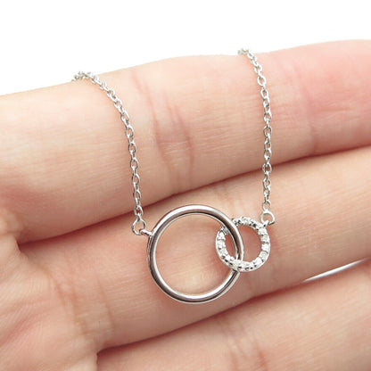 925 Sterling Silver Italy Real Round-Cut Diamond Interlocked Circle Necklace 18"