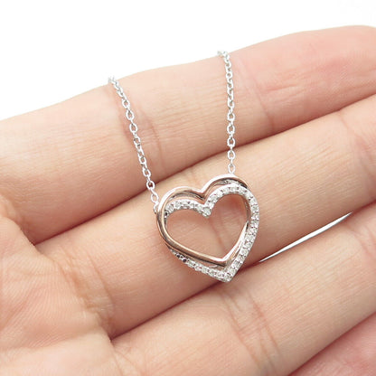 SUN 925 Sterling Silver 14K Gold Italy Real Round-Cut Diamond Heart Necklace 18"