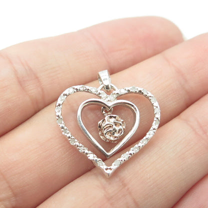 925 Sterling Silver Real Round-Cut White Diamond Rose Floral Heart Pendant