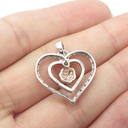 925 Sterling Silver Real Round-Cut White Diamond Rose Floral Heart Pendant