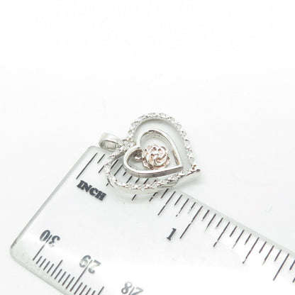 925 Sterling Silver Real Round-Cut White Diamond Rose Floral Heart Pendant