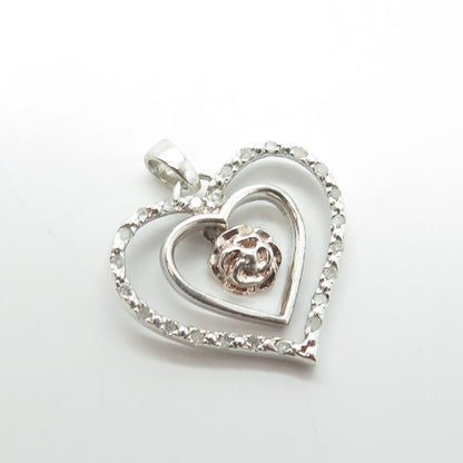 925 Sterling Silver Real Round-Cut White Diamond Rose Floral Heart Pendant