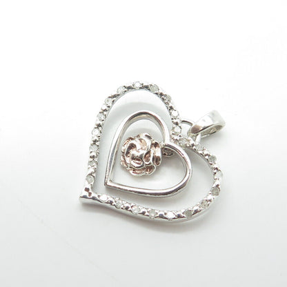 925 Sterling Silver Real Round-Cut White Diamond Rose Floral Heart Pendant