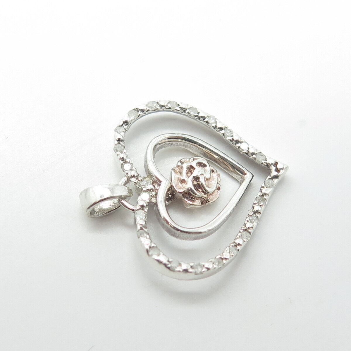 925 Sterling Silver Real Round-Cut White Diamond Rose Floral Heart Pendant