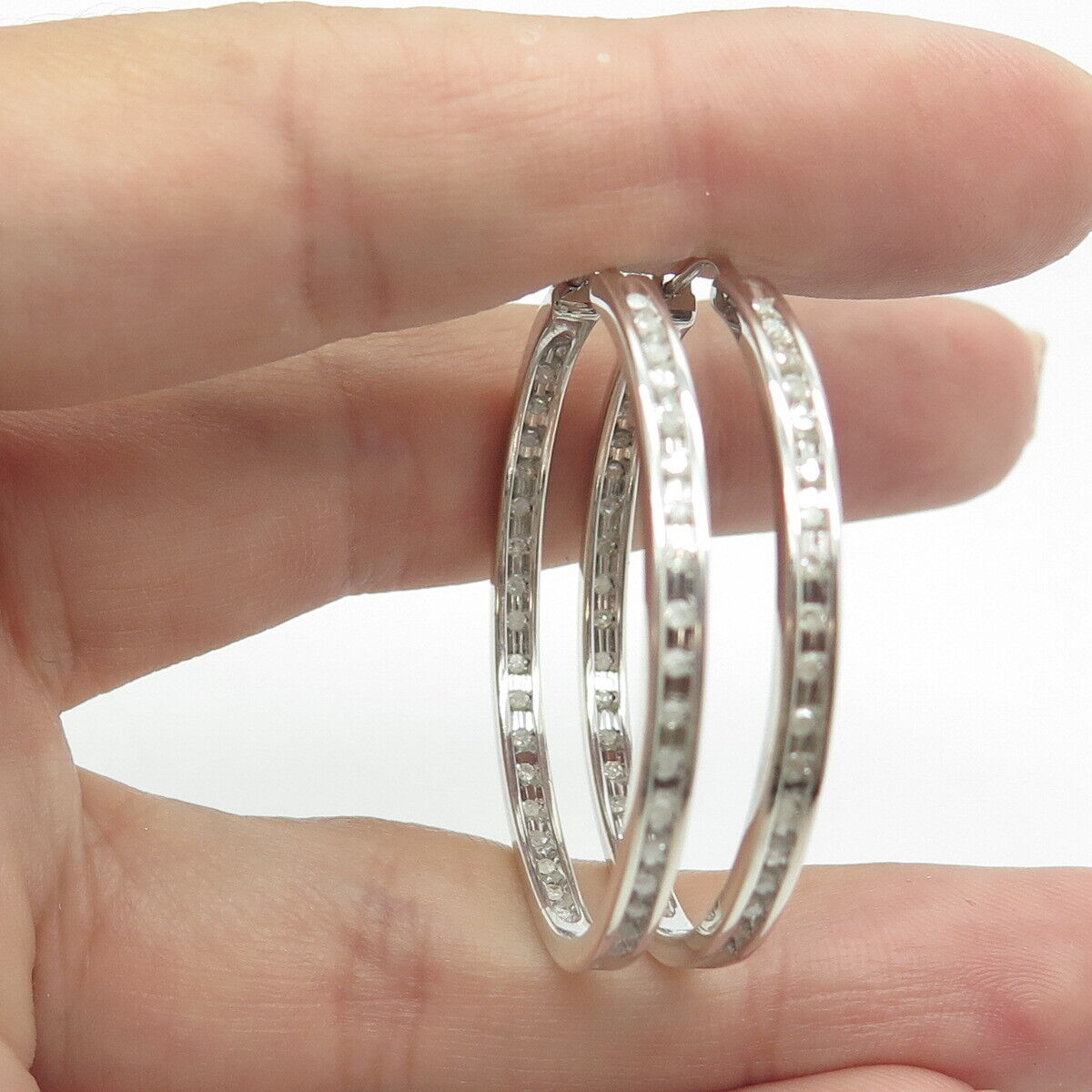 925 Sterling Silver Real Round-Cut White Diamond All Around Hoop Earrings