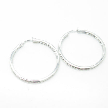 925 Sterling Silver Real Round-Cut White Diamond All Around Hoop Earrings