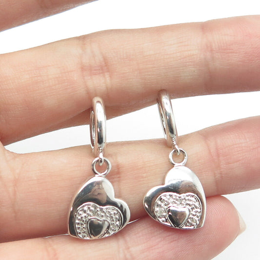 PAGODA 925 Sterling Silver Real Round-Cut White Diamond Heart Dangling Earrings