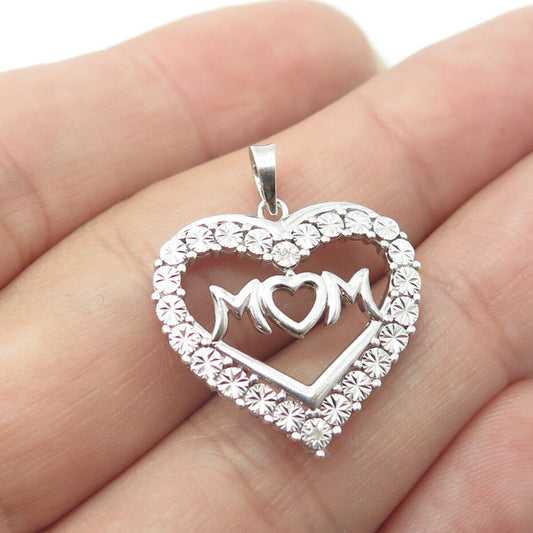 925 Sterling Silver Real Round-Cut White Diamond "MOM" Heart Pendant