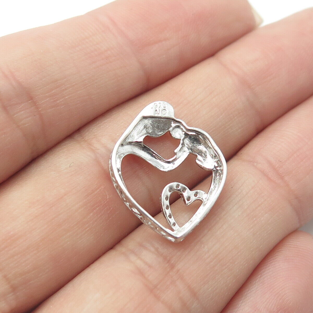 ALWAND VAHAN 925 Sterling Silver Real White Diamond Mother & Child Heart Pendant