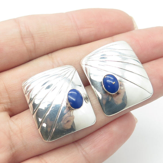 925 Sterling Silver Vintage Real Lapis Lazuli Gemstone Striped Earrings