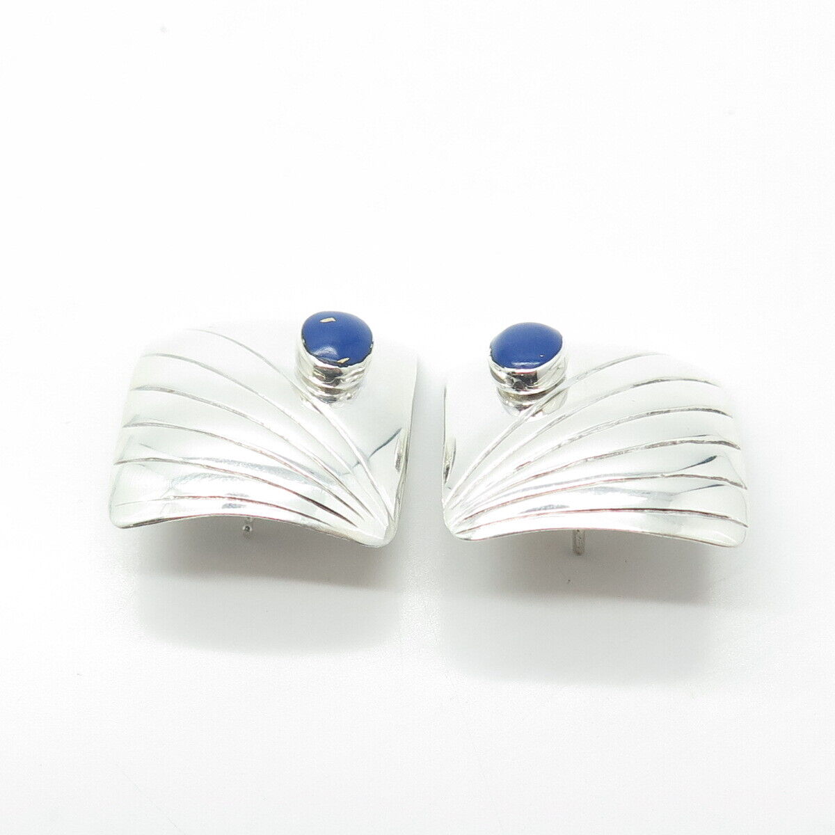 925 Sterling Silver Vintage Real Lapis Lazuli Gemstone Striped Earrings