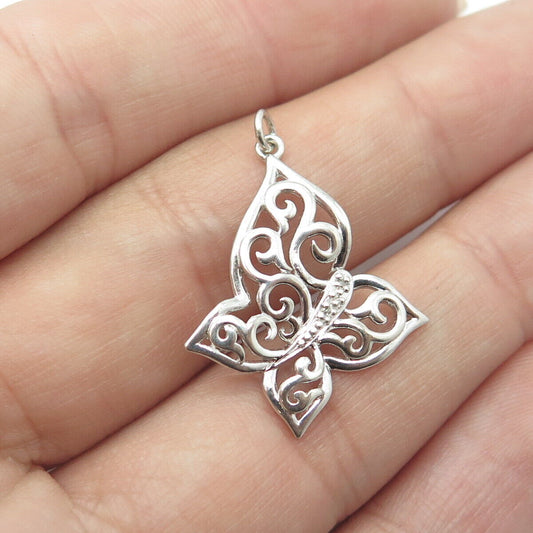 925 Sterling Silver Real White Diamond Accent Butterfly Ornate Pendant