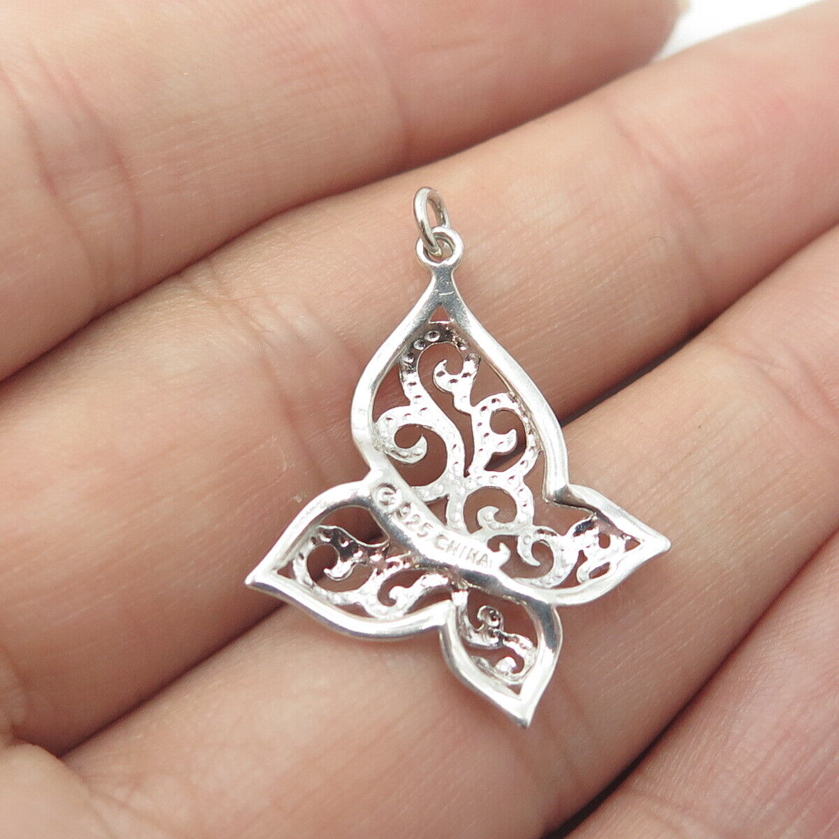 925 Sterling Silver Real White Diamond Accent Butterfly Ornate Pendant