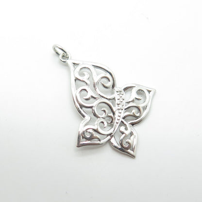 925 Sterling Silver Real White Diamond Accent Butterfly Ornate Pendant