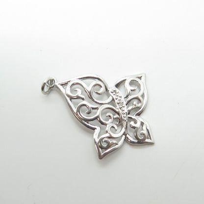 925 Sterling Silver Real White Diamond Accent Butterfly Ornate Pendant