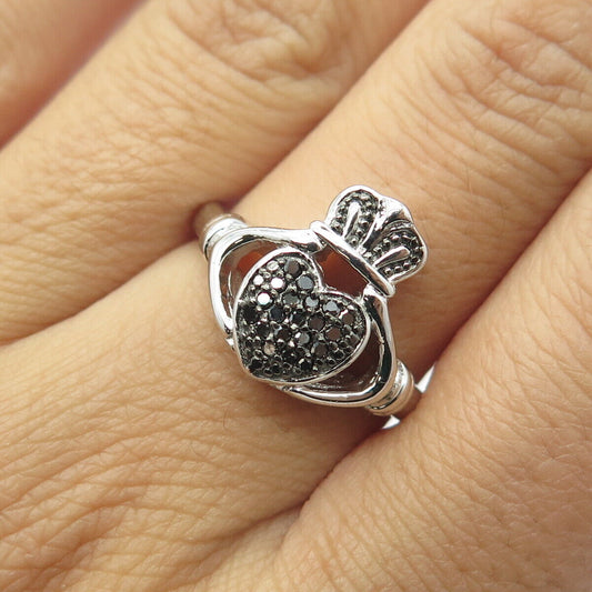 925 Sterling Silver Real Round-Cut Black Diamond Claddagh Ring Size 8.25