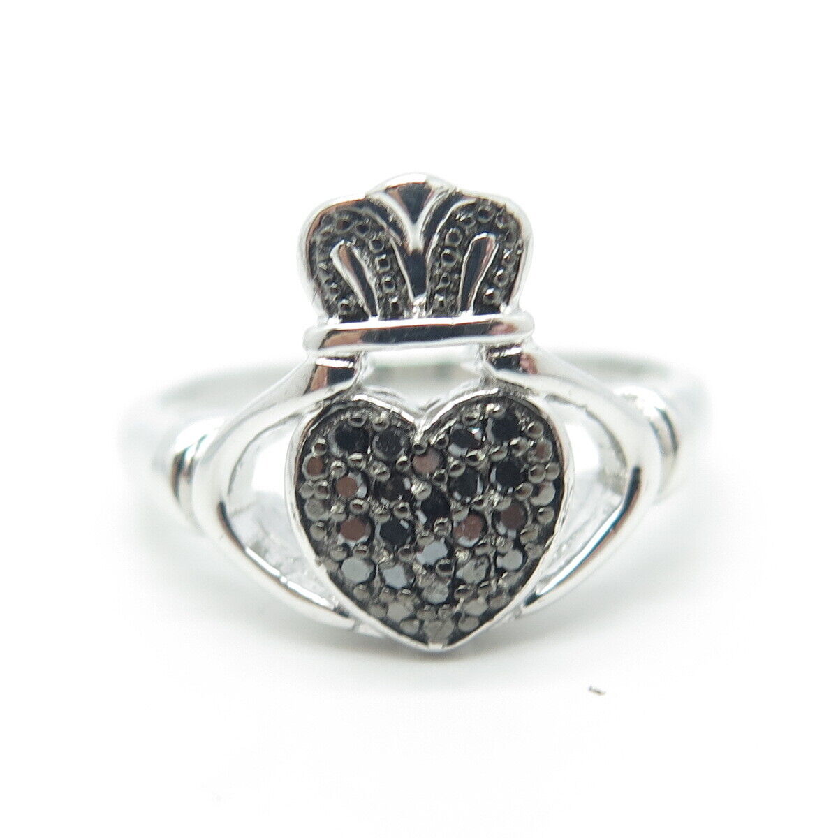 925 Sterling Silver Real Round-Cut Black Diamond Claddagh Ring Size 8.25