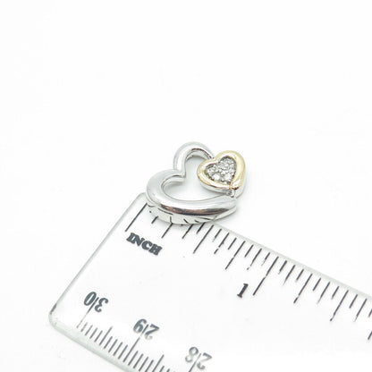 SUN 925 Sterling Silver & 14K Gold Real Round-Cut Diamond Loving Heart Pendant