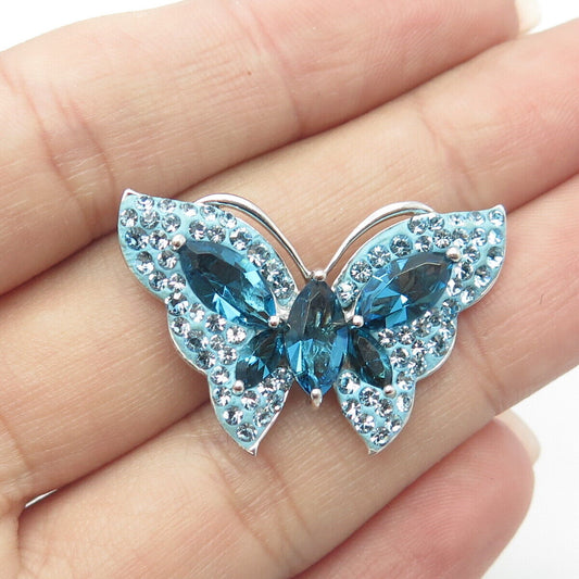 925 Sterling Silver Fancy Blue Rhinestones & Enamel Butterly Pendant