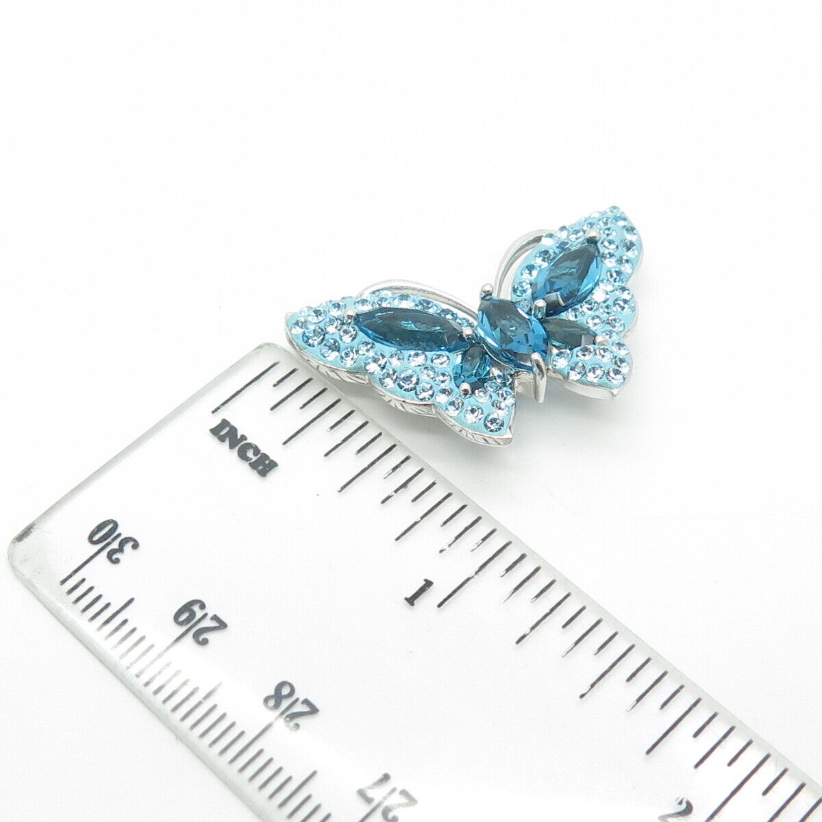 925 Sterling Silver Fancy Blue Rhinestones & Enamel Butterly Pendant