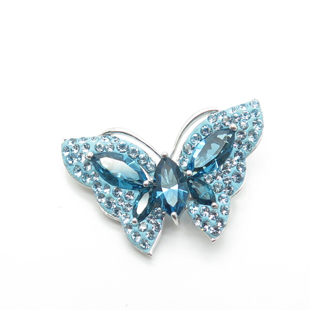 925 Sterling Silver Fancy Blue Rhinestones & Enamel Butterly Pendant