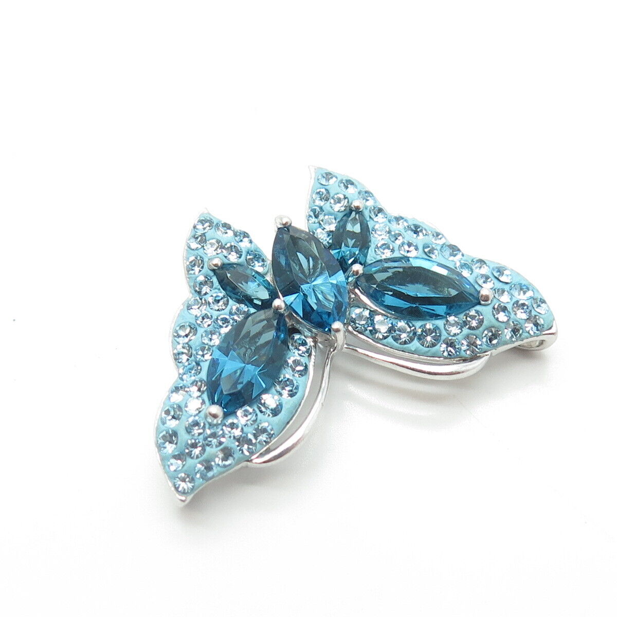 925 Sterling Silver Fancy Blue Rhinestones & Enamel Butterly Pendant