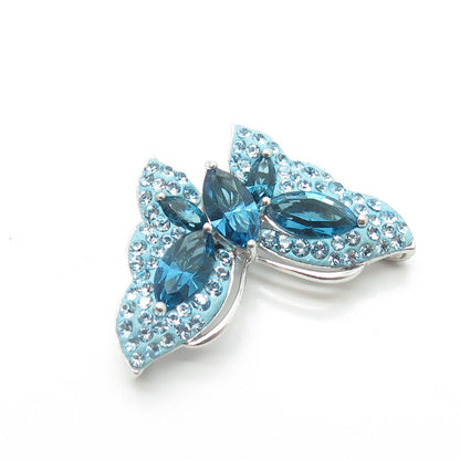 925 Sterling Silver Fancy Blue Rhinestones & Enamel Butterly Pendant