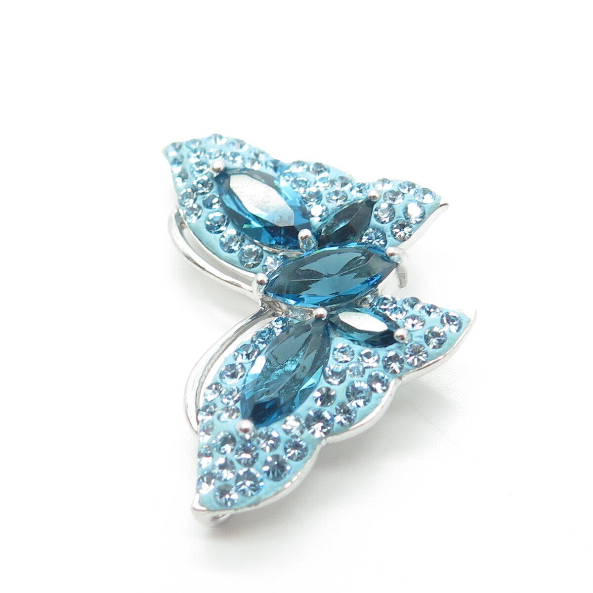 925 Sterling Silver Fancy Blue Rhinestones & Enamel Butterly Pendant