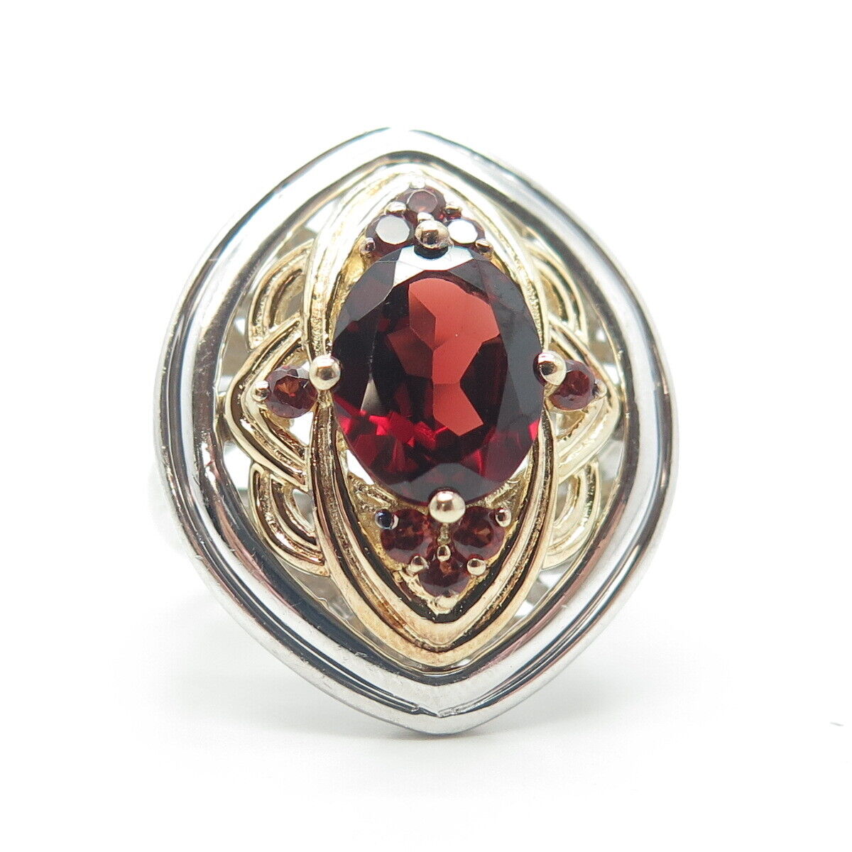 925 Sterling Silver 2-Tone Real Red Garnet Gem Floral Cocktail Ring Size 7